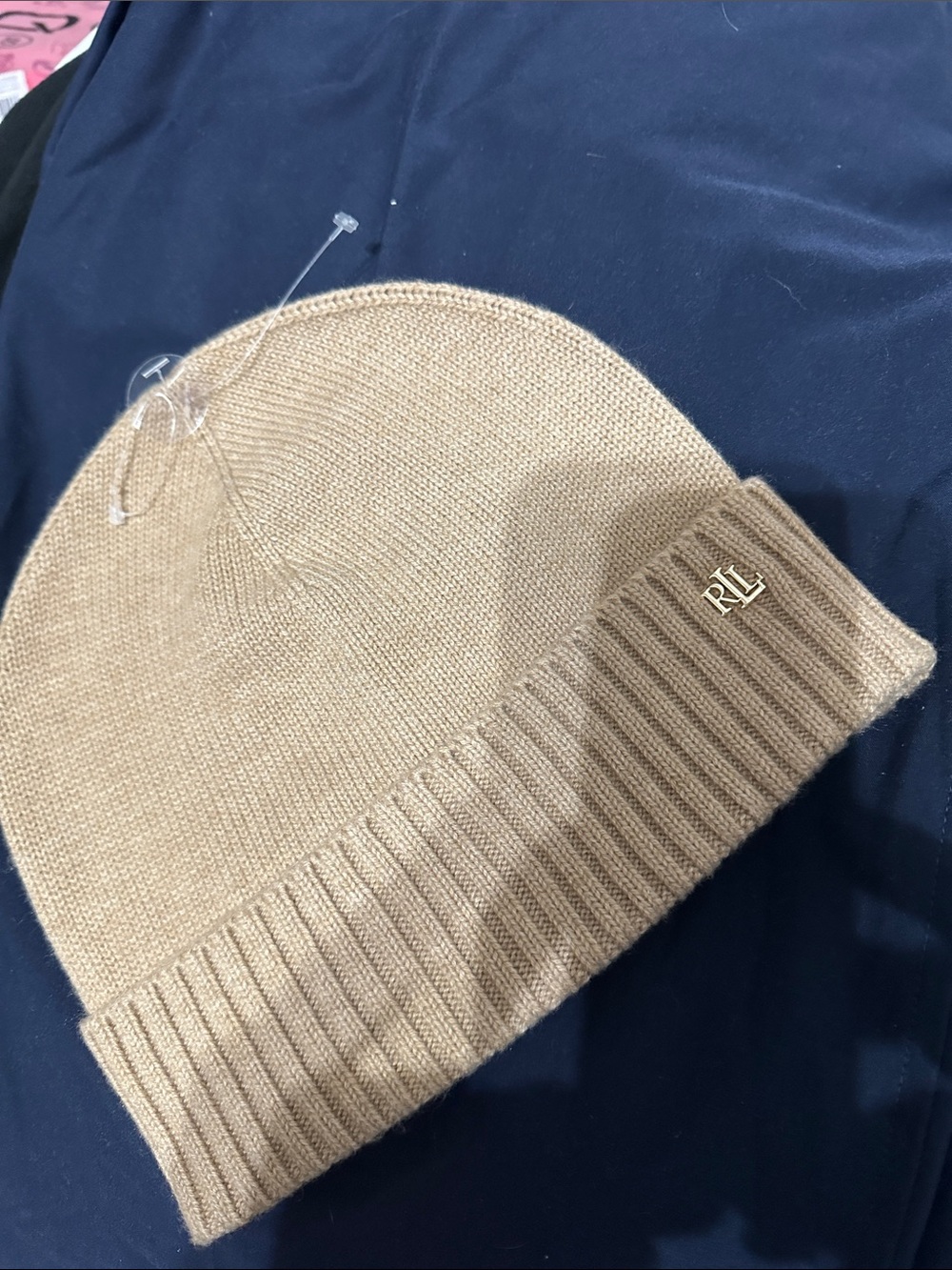 Ralph Lauren Camel RL Metal Logo Cuff Beanie